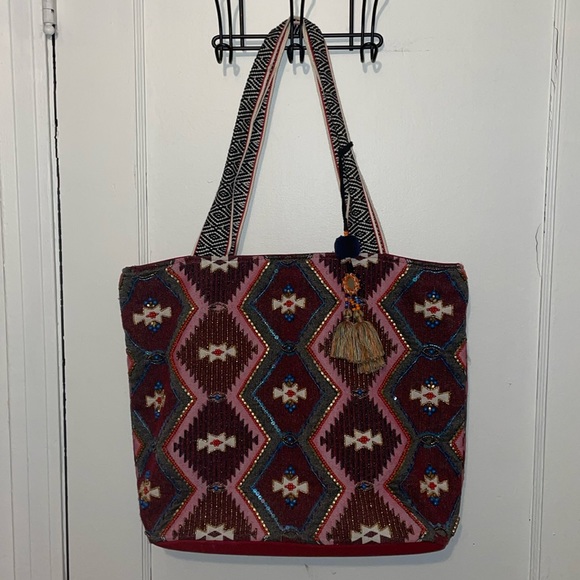 Steven By Steve Madden Handbags - Steven by Steve Madden Aztec beaded large tote with tassel fringe charm